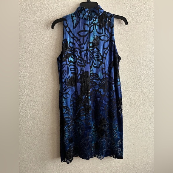 Alex Evenings Silk Blend Blue & Black Beaded Halter Mini Dress 8 - Picture 8 of 16